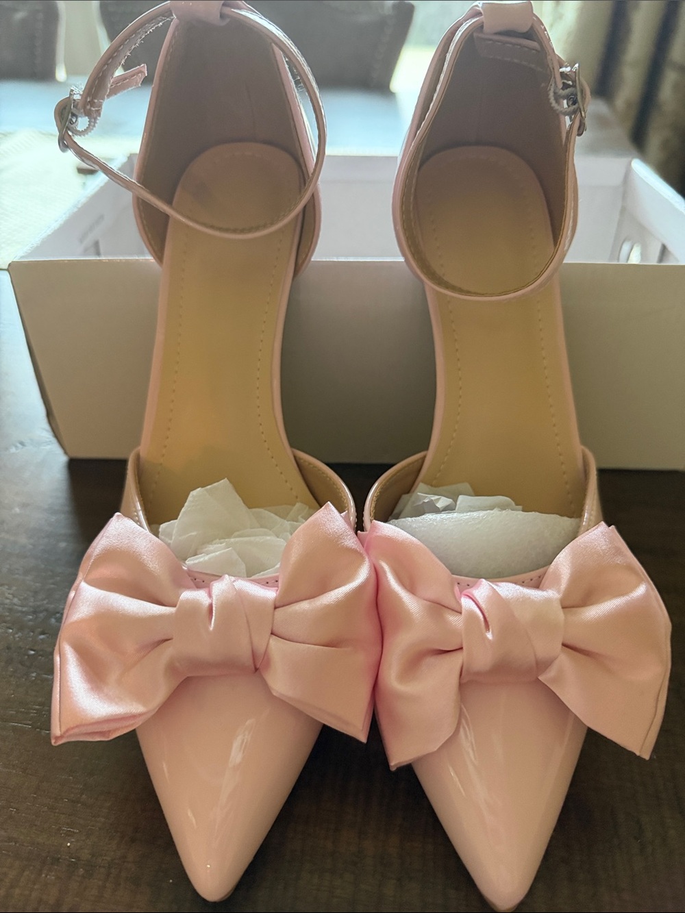 Women’s Pink Bow Pointed-Toe Ankle-Strap Heels